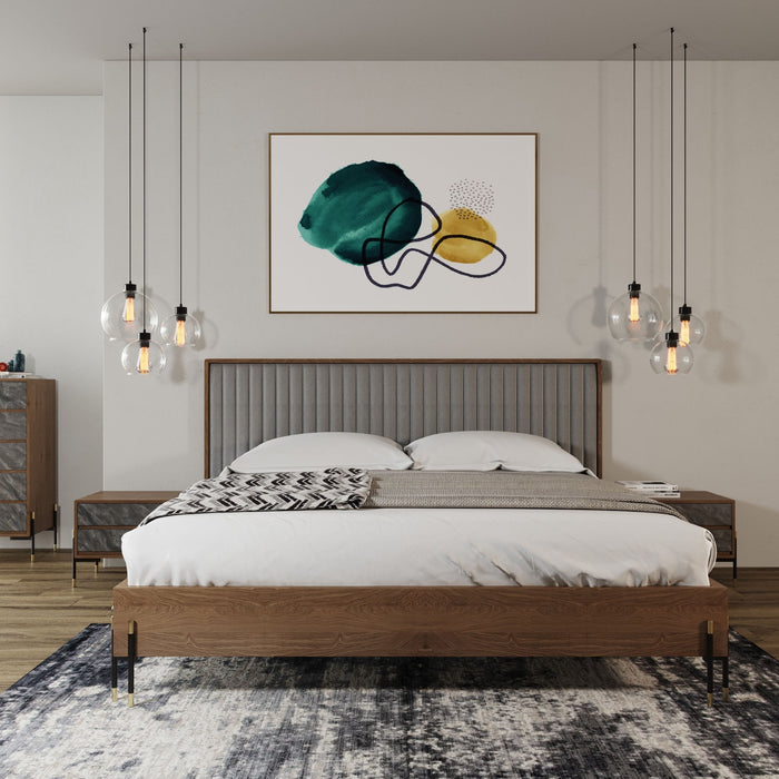Metcalf - Mid-Century Walnut & Grey Bed w/ Two Nightstands