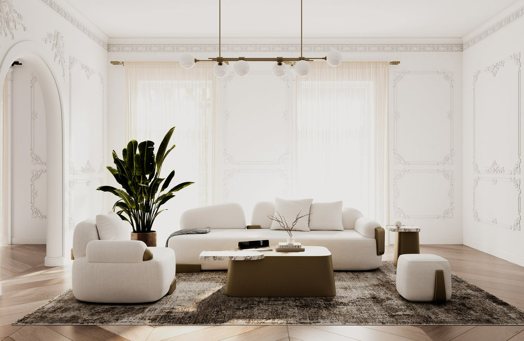 Rainier - Contemporary Off-White Fabric + Antique Brass Accent Chair