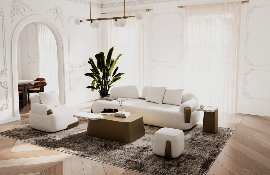 Rainier - Contemporary Off-White Fabric + Antique Brass Accent Chair