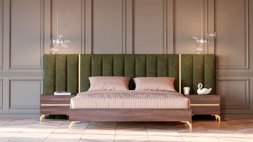 Calabria Modern Walnut & Green Velvet Bed & Nightstands