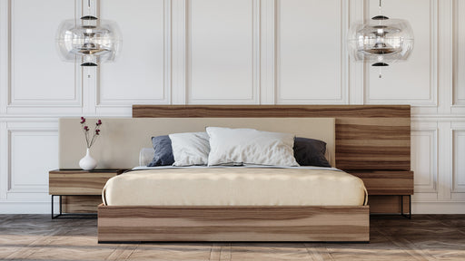 Eastern King Matteo Italian Modern Walnut & Fabric Bed + 2 Nightstands + Dresser Set