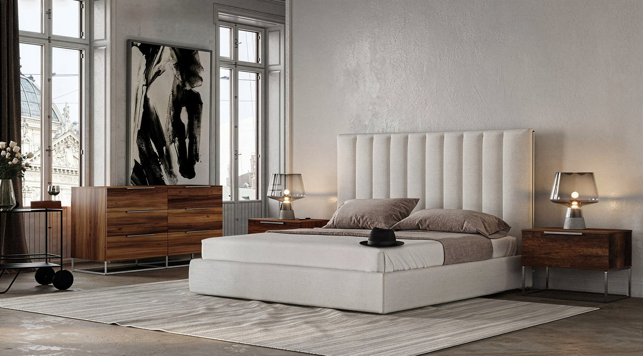 Eastern King Valhalla + Lorenzo - Modern White Fabric + Light Oak 4-Piece Bedroom Set