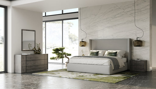 Queen Byrne + Asus - Modern Grey Fabric + Elm Grey 4-Piece Bedroom Set