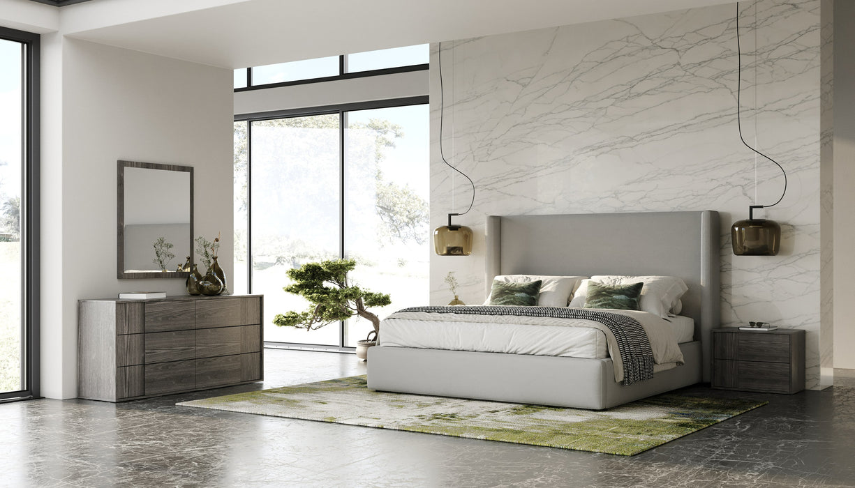Eastern King Byrne + Asus - Modern Grey Fabric + Elm Grey 4-Piece Bedroom Set